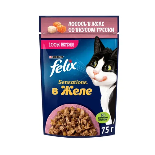 Влажный корм  для взрослых кошек с треской в соусе с томатами Felix Sensations, 1 шт, 75 г