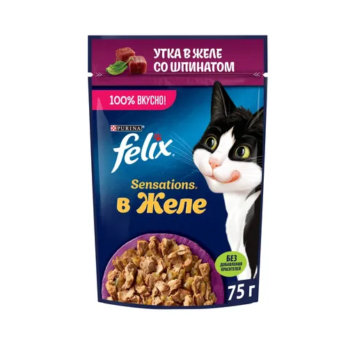 Влажный корм  для взрослых кошек с  уткой в желе со шпинатом Felix Sensations, 1 шт, 75 г