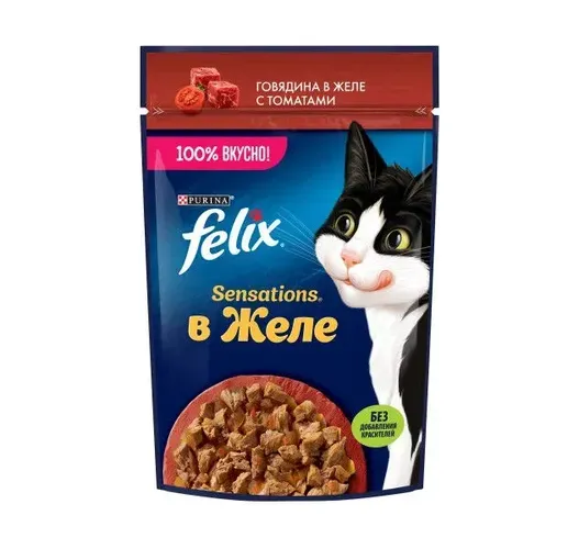 Влажный корм  для взрослых кошек с говядиной в соусе с томатами Felix Sensations, 1 шт, 75 г