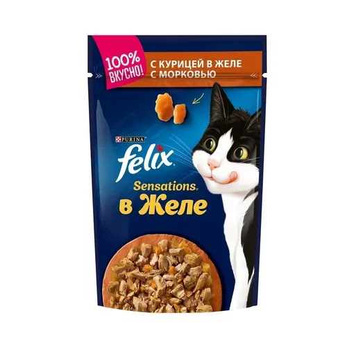 Влажный корм  для взрослых кошек с  курицей в желе Felix Sensations, 1 шт, 75 г, купить недорого