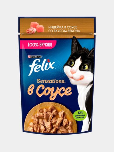 Влажный корм  для взрослых кошек с индейкой в соусе со вкусом бекона Felix Sensations, 1 шт, 75 г