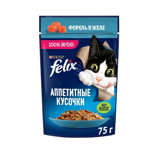 Влажный корм кусочки для кошек с  форелью в желе Felix Аппетитные, 1 шт, 75 г