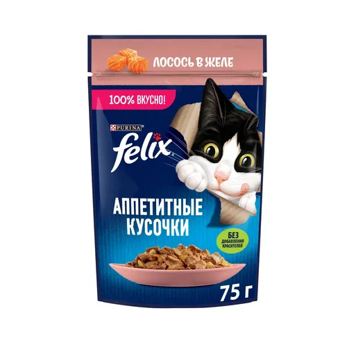 Влажный корм кусочки для кошек с  лососем в желе Felix Аппетитные, 1 шт, 75 г