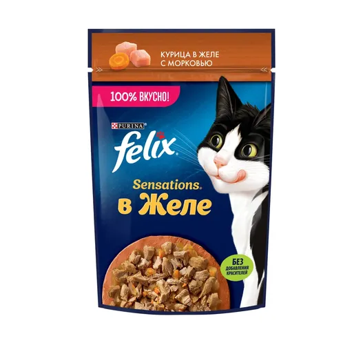 Влажный корм  для взрослых кошек с курицей в желе с морковью Felix Sensations, 1 шт, 75 г
