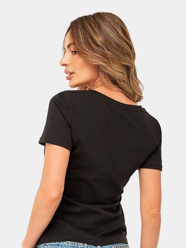 Однотонная женская футболка с лайкрой PL115_BLK, Черный, 6900000 UZS