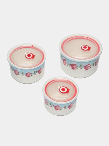 Набор керамических мисок салатников, контейнеры с крышкамиL027CТР , 3 шт, Темно-розовый, купить недорого