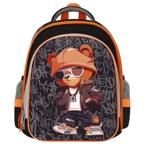 Ранец ArtSpace School Friend Light "Bear" 35*29*12см, 2 отделения, 2 кармана, анатомическая спинка, Черный-Оранжевый