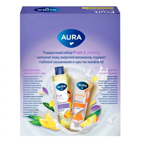 Aura Mango va papayya dush geli, 250 ml + Oziqlantiruvchi qo'l kremi D-pantenol va asal ekstrakti bilan, 75 ml