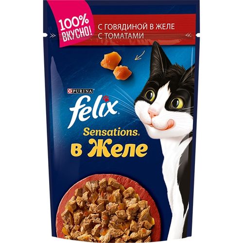 Влажный корм для кошек Felix Sensations с говядиной и томатами в желе, 75 гр