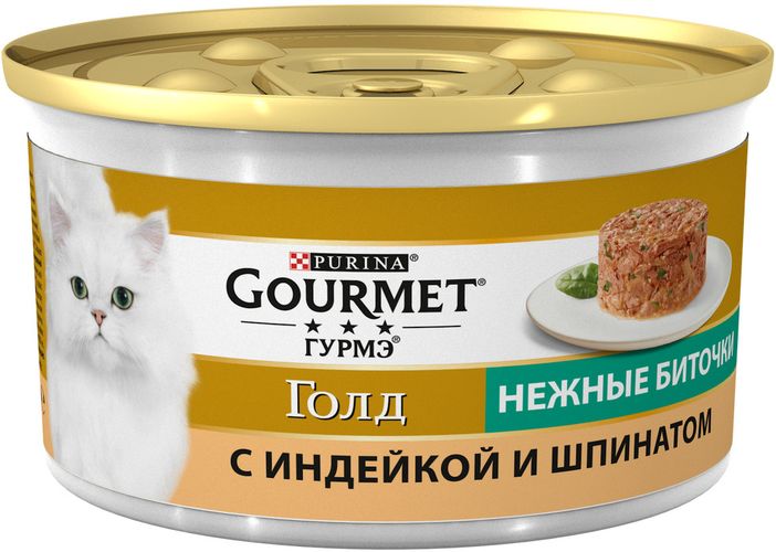 Влажный корм для кошек Gourmet Gold Нежные биточки с индейкой и шпинатом, 85 гр