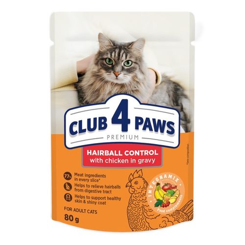 Влажный корм для кошек Club 4 Paws Hairball Control с курицей в соусе, 80 гр