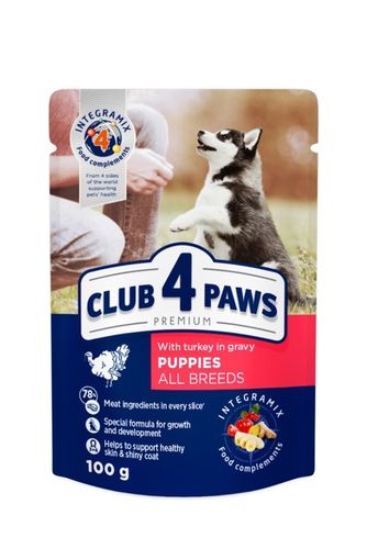 Влажный корм для щенков Club 4 Paws с индейкой в соусе, 80 гр