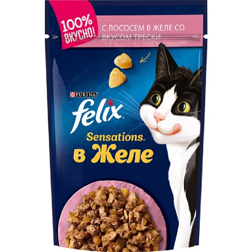 Влажный корм для кошек Felix Sensations с лососем в желе со вкусом трески, 75 гр