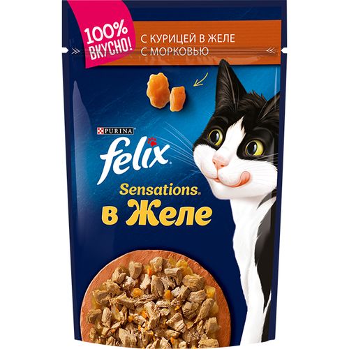 Влажный корм для кошек Felix Sensations с курицей и морковью в желе, 75 гр