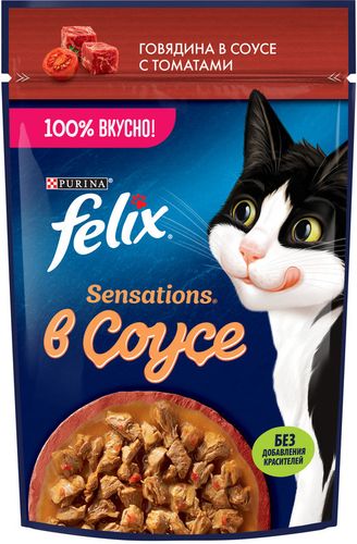 Влажный корм для кошек Felix Sensations говядина в соусе с томатами, 75 гр