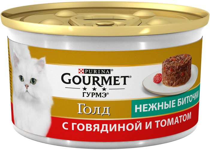 Влажный корм для кошек Gourmet Gold Нежные биточки с говядиной и томатами для кошек, 85 гр