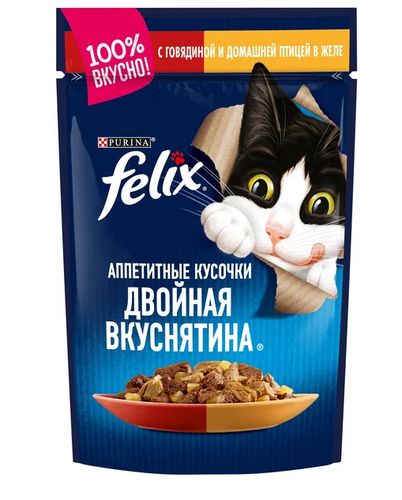 Влажный корм для кошек Felix Аппетитные кусочки с говядиной и домашней птицей, 85 гр