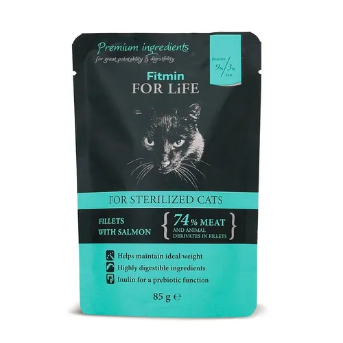 Влажный корм для кошек Fitmin For Life cat pouch sterilized salmon с лососью, 85 гр