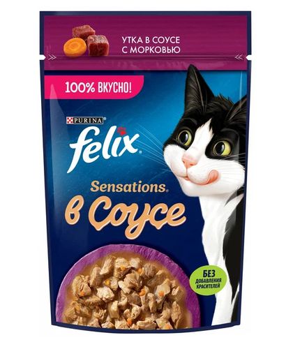 Влажный корм для кошек Felix Sensations с уткой в соусе с морковью, 75 гр