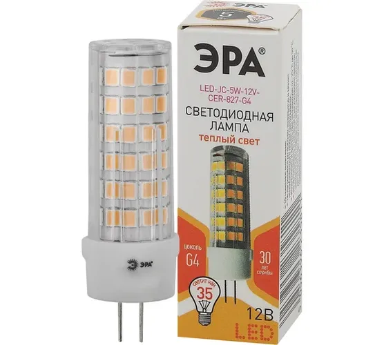 Светодиодная лампа ЭРА LED JC-5W-12V-CER-827-G4, Теплый белый