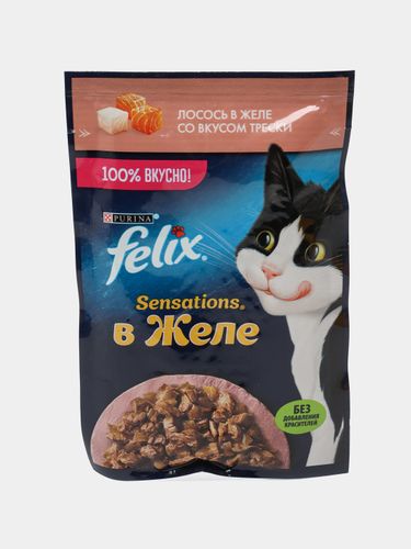 Влажный корм для кошек Felix Sensations, лосось в желе со вкусом трески, 75 гр