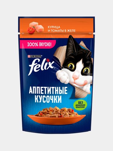 Влажный корм для кошек Felix Аппетитные кусочки курица и томаты в желе, 75 гр