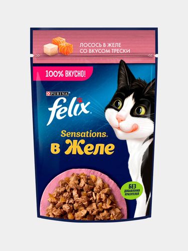 Влажный корм для кошек Felix Sensations, лосось в желе со вкусом трески, 75 гр