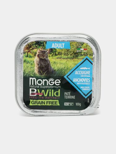 Влажный корм для кошек Monge Bwild Cat Adult с анчоусом и овощами, 100 гр