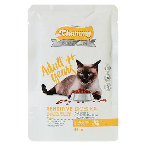 Влажный корм для кошек с чувствительным пищеварением Chammy Cat Premium с индейкой и рисом, 85 гр