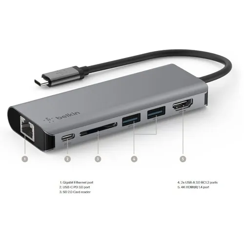 Адаптер мультипорт Belkin USB-C 6 в 1, Серый, arzon