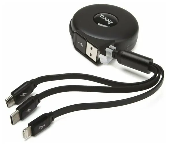 Кабель Hoco U50 3-in-1 retractable charging data cable, Черный