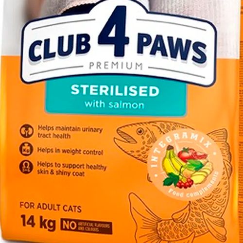 Сухой корм для стерилизованных кошек Club 4 Paws Premium с лососем, 14 кг, купить недорого