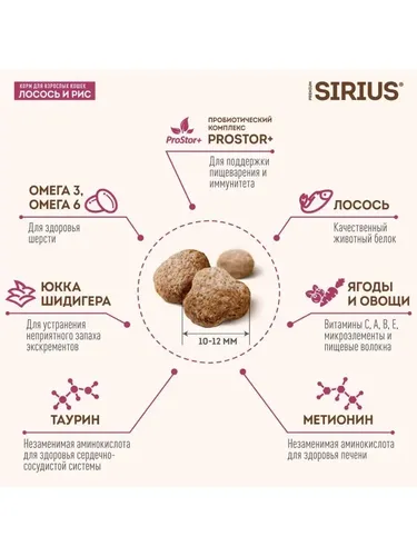 Сухой корм для взрослых кошек Sirius Premium Adult Лосось и рис, 10 кг, фото