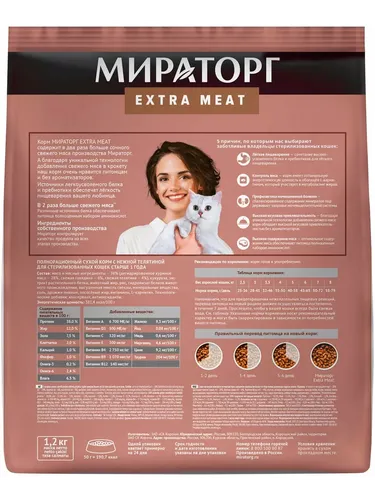 Сухой корм для кошек Мираторг Extra Meat c нежной телятиной, 1.2 кг, купить недорого