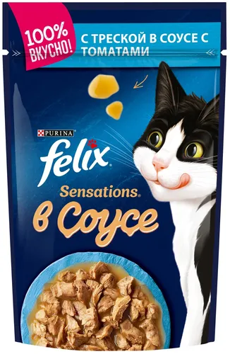 Влажный корм для кошек Felix Sensation Удивительный соус треска с томатами, 5 шт, 85 гр