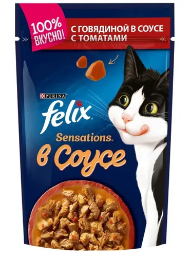 Влажный корм для кошек Felix Sensation Удивительный соус говядина с томатами, 5 шт, 85 гр