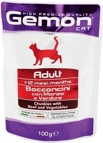 Влажный корм для кошек Gemon Pouch Cat Adult с говядиной и овощами, 100 гр, купить недорого