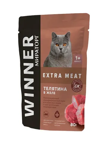 Влажный корм для кошек Мираторг Winner Extra Meat с телятиной в желе, 80 гр, купить недорого