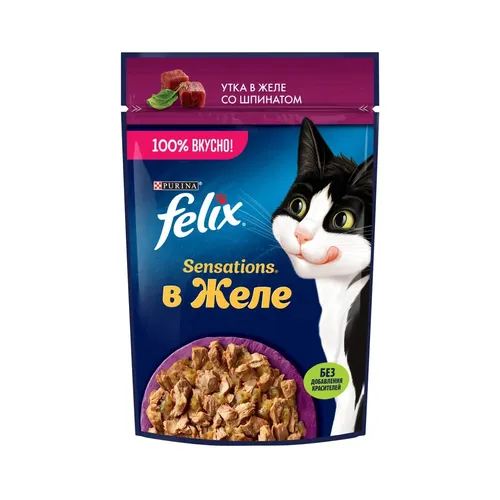 Влажный корм для кошек Felix Sensations С Уткой в желе со шпинатом, 75 гр