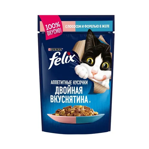 Влажный корм для кошек Felix Аппетитные кусочки с лососем и форелью, 85 гр