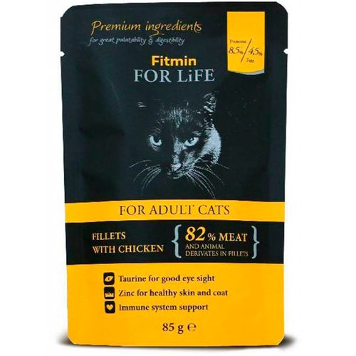 Влажный корм для кошек Fitmin For Life cat pouch adult chicken с курицей, 85 гр