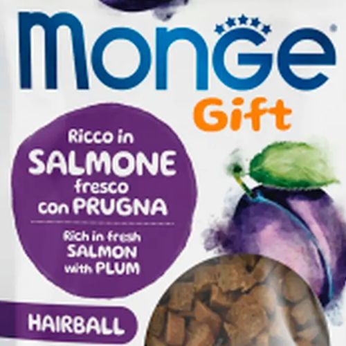 Лакомство для кошек Monge Gift Cat Hairball свежий лосось со сливой, 50 гр