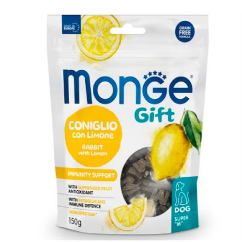 Лакомство для собак Monge Gift Super Adult Immunity Support хрустящие подушечки с кроликом и лимоном, 150 гр