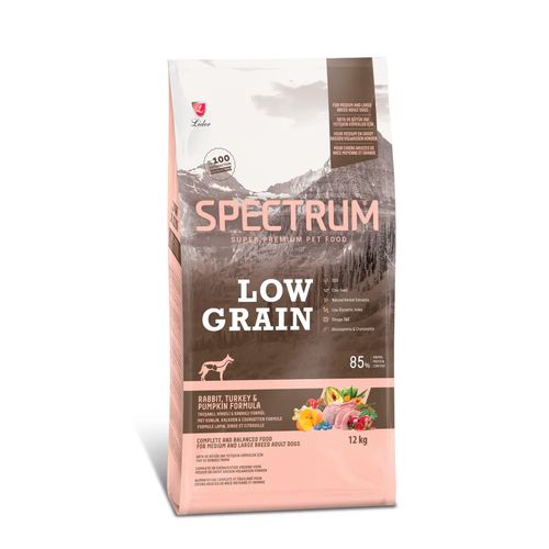 Сухой корм для собак средних и крупных пород Spectrum Low Grain кролик и индейка с тыквой, 12 кг