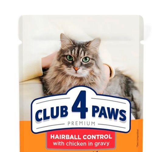 Влажный корм для кошек Club 4 Paws Hairball Control с курицей в соусе, 80 гр, купить недорого