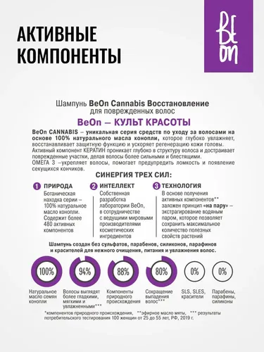 Шампунь BeOn Hemp Oil Восстановление для поврежденных волос, 400 мл, в Узбекистане