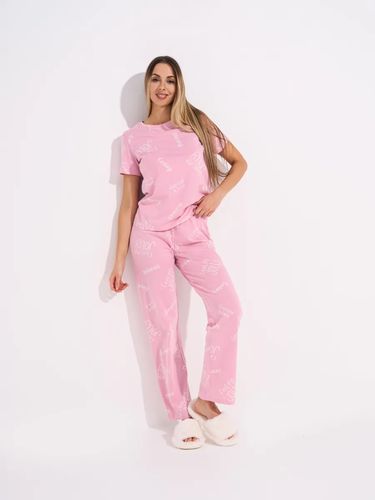 DNZ TEKS DZ-052 naqshli paxta ayollar pijama kostyumi, pushti