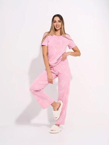 DNZ TEKS DZ-052 naqshli paxta ayollar pijama kostyumi, pushti, фото